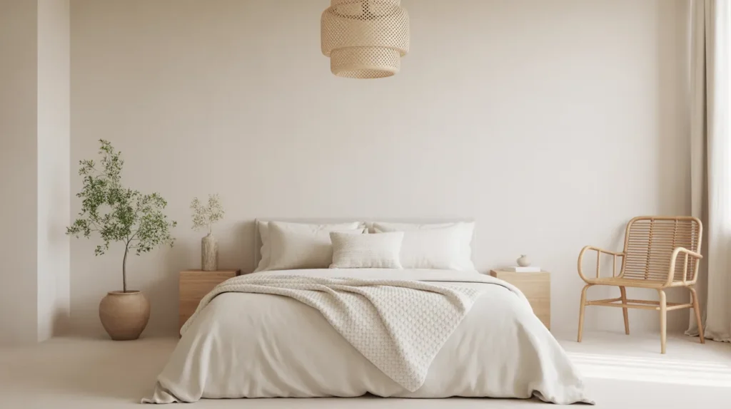 “Calm minimal boho bedroom in whites and warm wood with one statement plant and woven pendant light, serene retreat style for yourselflovehub.com”