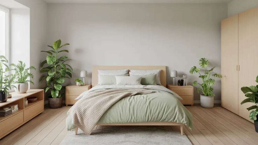 Scandinavian style bedroom with light wood, white and green bedding and a few simple leafy plants, calm Nordic take on Botanical Bedroom Ideas