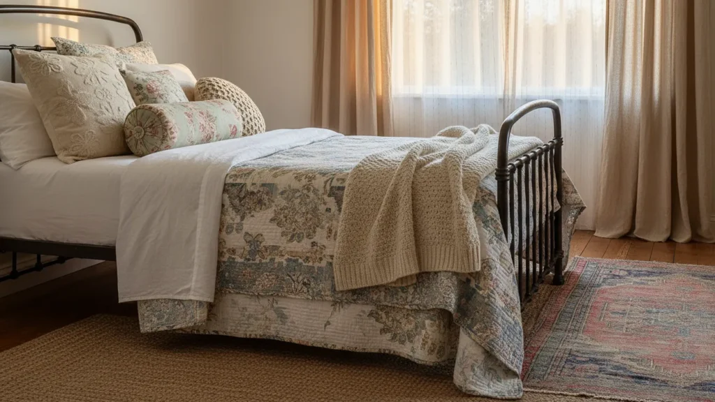 Layered linen sheets, quilt, wool throw and patterned rugs in a cozy cottage bedroom created for YourselfLoveHub.com.