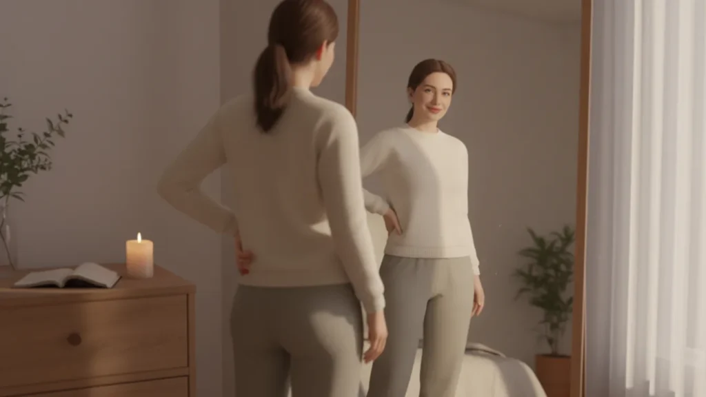 Woman in soft loungewear smiling at her reflection in a bedroom mirror, showing body awareness and mood focus central to the 15 habits of women who are always skinny.