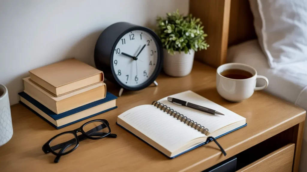 Open planner with blocked-out routine, pen and mug nearby, showing structured fatigue fighting habits to supercharge your mornings.