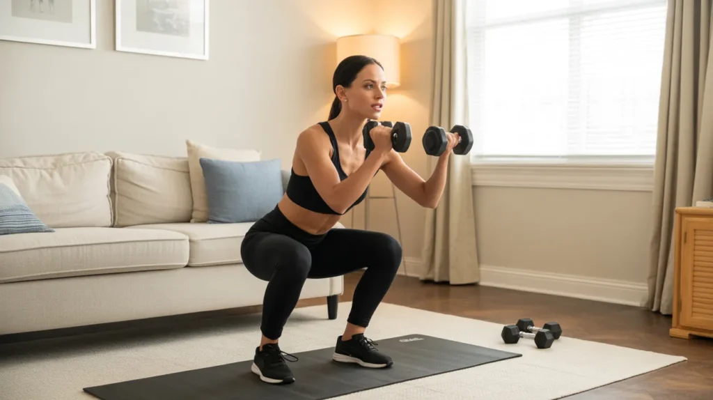 Woman doing dumbbell squats in a bright living room home gym with a mat and small weights, styled like a realistic fitness moment for Yourself Love Hub.
