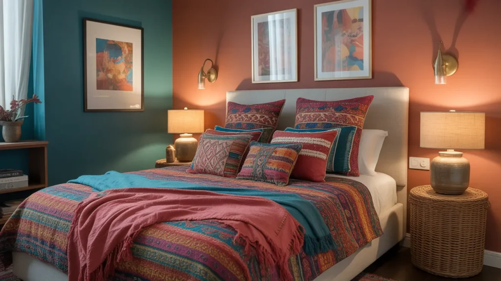 “Vibrant boho bedroom with jewel-toned bedding, embroidered pillows, tassels and bold artwork, playful color-rich Bohemian bedroom ideas”