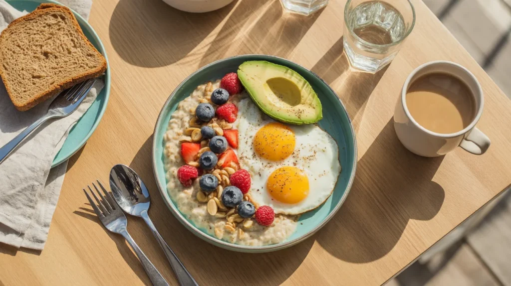 Balanced breakfast bowl with fruit, yogurt and oats on bright table, morning energy idea from Yourself Love Hub.
