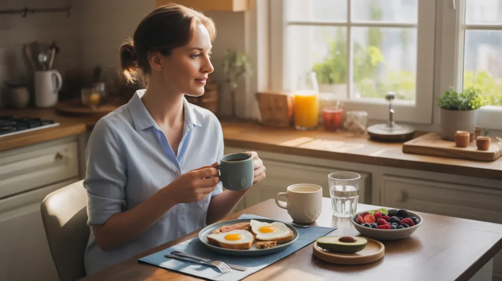 Morning scene of a woman enjoying eggs, avocado, berries and wholegrain toast at a sunlit kitchen table, reflecting breakfast routines among the 15 habits of women who are always skinny.