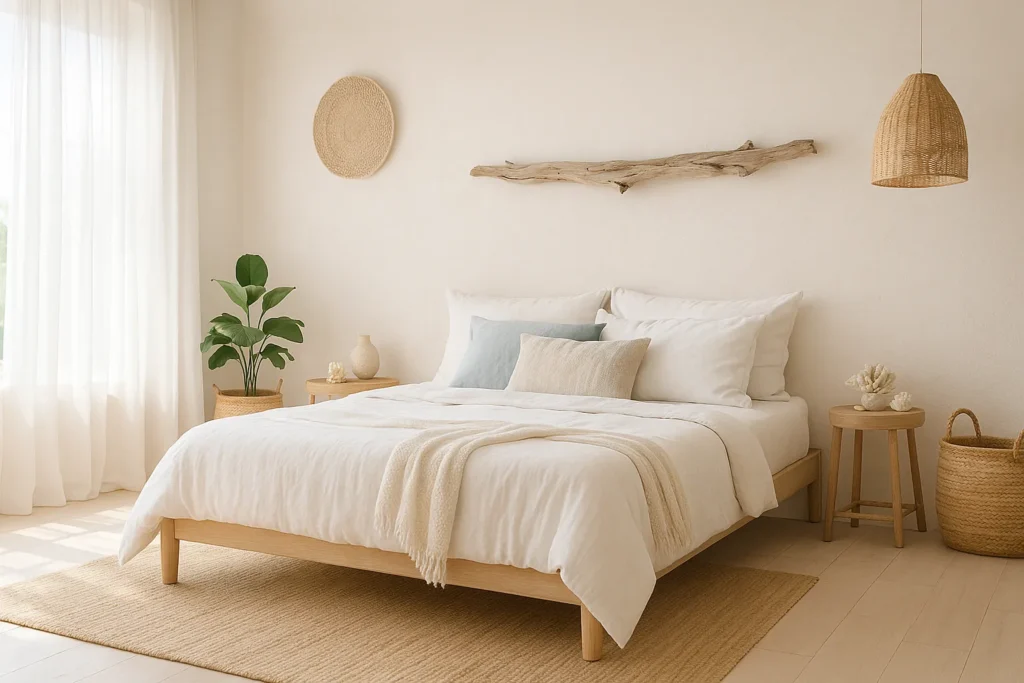 “Light coastal boho bedroom in whites, sandy beige and soft blue with jute rug, seagrass baskets and driftwood decor styled for yourselflovehub.com”