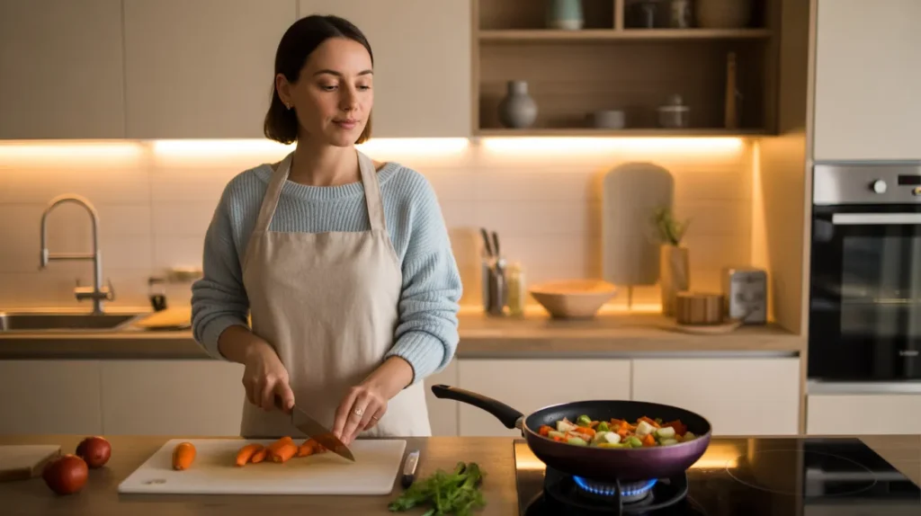 Woman chopping colorful vegetables at a modern stove while dinner cooks, cozy home-cooking atmosphere perfect for a Yourself Love Hub article.