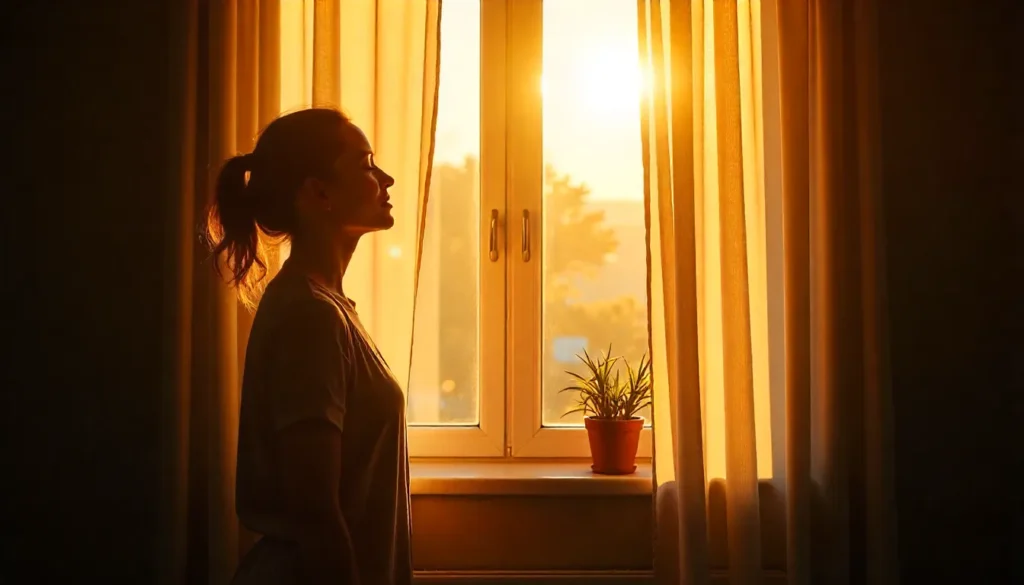 Person standing by big window in sunshine, using natural light as fatigue fighting habit to supercharge your mornings.