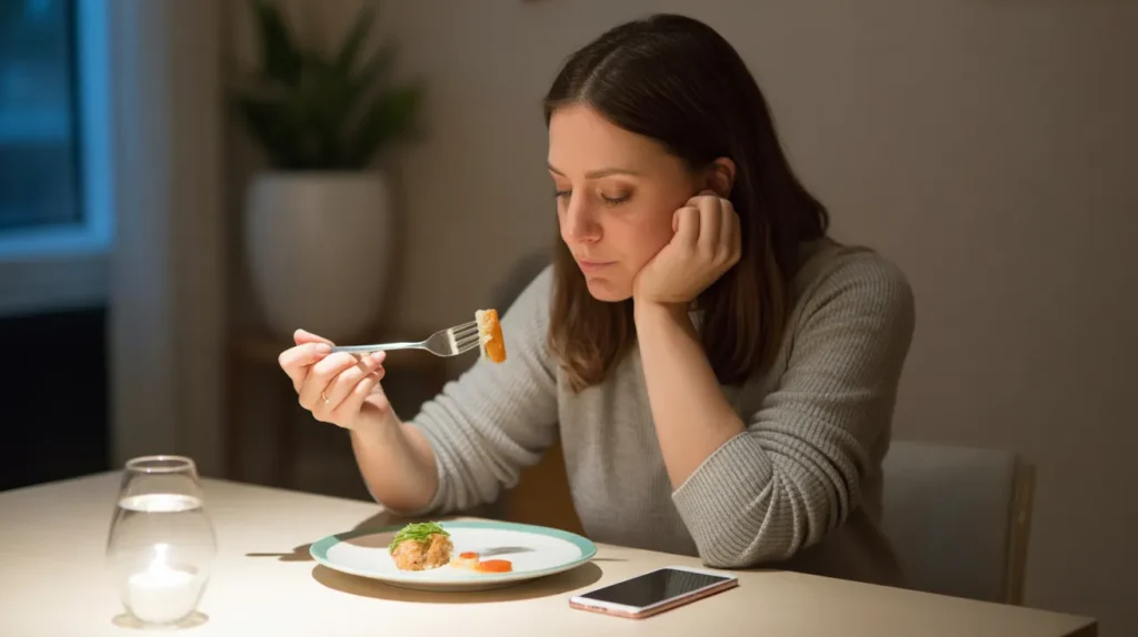 Woman sitting at a dining table with a modest portion on her plate and phone turned face-down, representing mindful eating in the 15 habits of women who are always skinny.