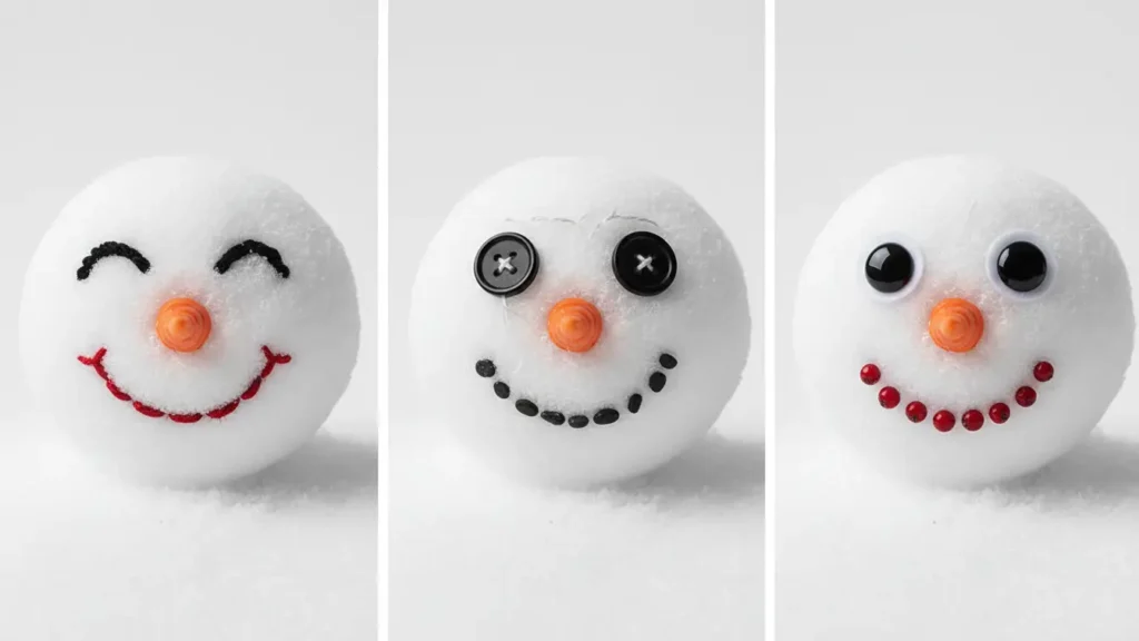 YourselfLoveHub crochet snowman face details with eyes, carrot nose, and stitched smile in close-up.
