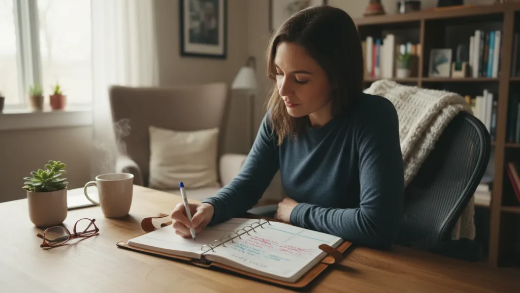 YourselfLoveHub.com woman editing her self care list in planner at cozy desk soft light flexible routine mood