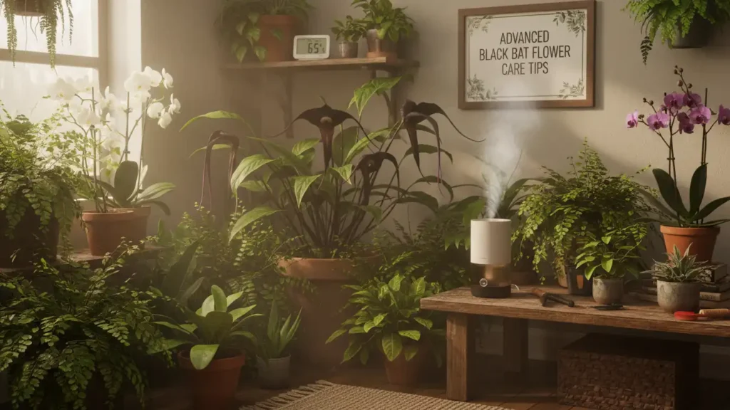 Advanced black bat flower care setup with humidity and companion plants