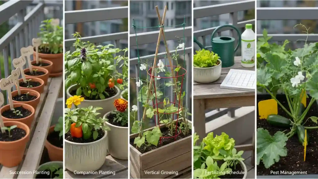advanced small space garden tips by yourselflovehub.com showing succession planting companion pots vertical trellises fertilizing routine and gentle pest control