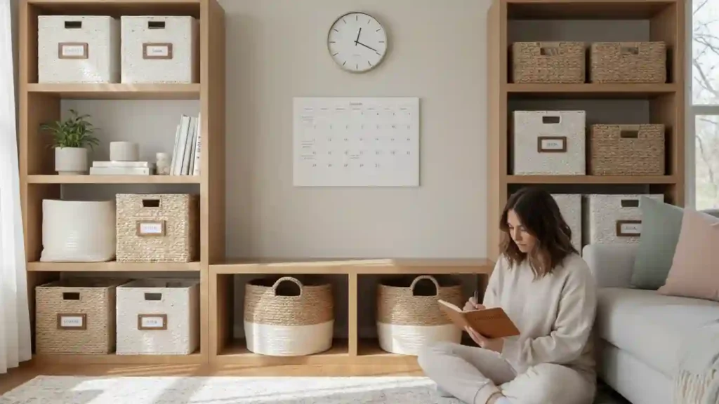 woman using notebook to plan spring decluttering routines in an organized living room