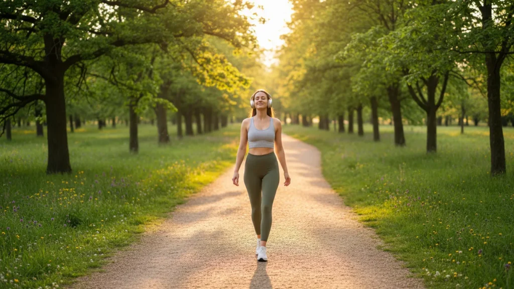 how to make a self care routine stick woman walking mindfully in green park at golden hour with headphones advanced self care