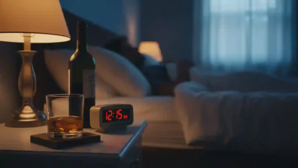 yourselflovehub.com glass of alcohol next to bed showing nightcap habit that harms sleep quality