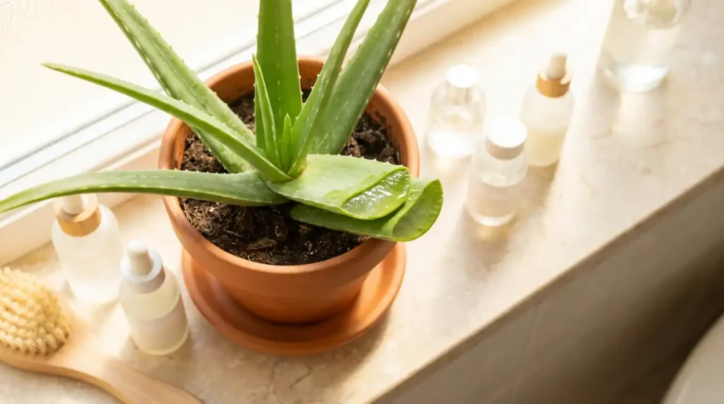 Aloe vera plant on a sunny bathroom windowsill with a cut leaf showing fresh gel and skincare bottles nearby for yourselflovehub.com.