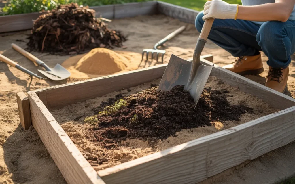 Preparing raised beds with compost and sand for Mediterranean Garden Ideas in a sunny backyard.