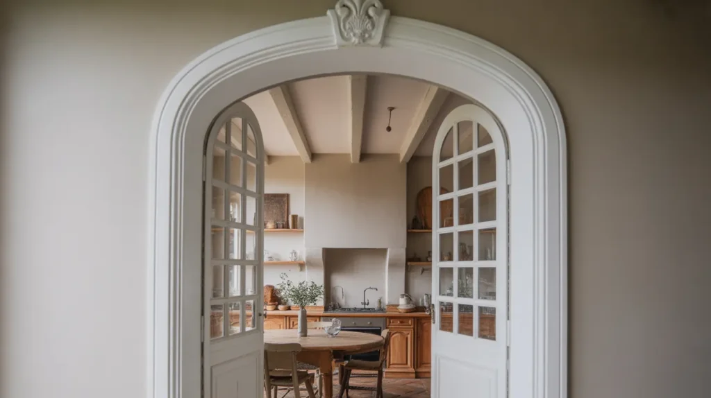 Arched doorway leading to French country kitchen adding architectural charm