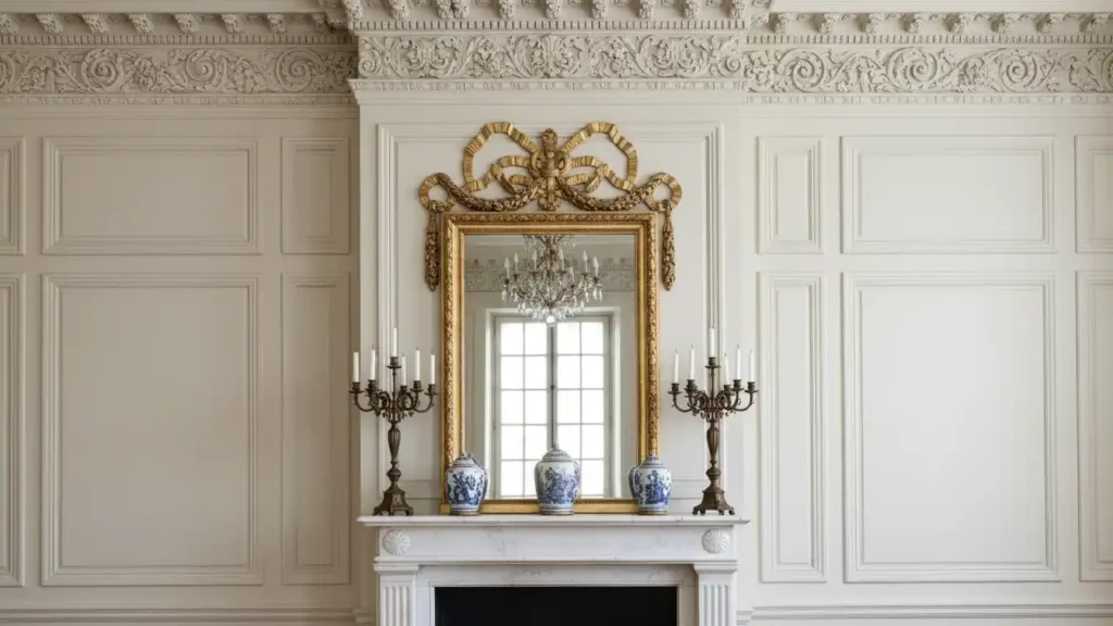 Neoclassical feature wall with detailed crown molding, boiserie wall panels, marble fireplace surround and decorative pilasters