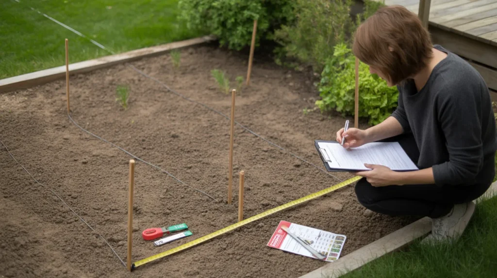 Gardener measuring a new planting area and taking notes for a layout plan on yourselflovehub.com.