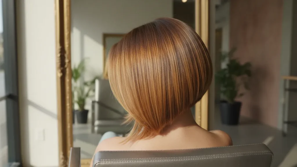 Honey Brown Balayage Ideas for Short Hair on an asymmetrical bob with honey tones on the longer side