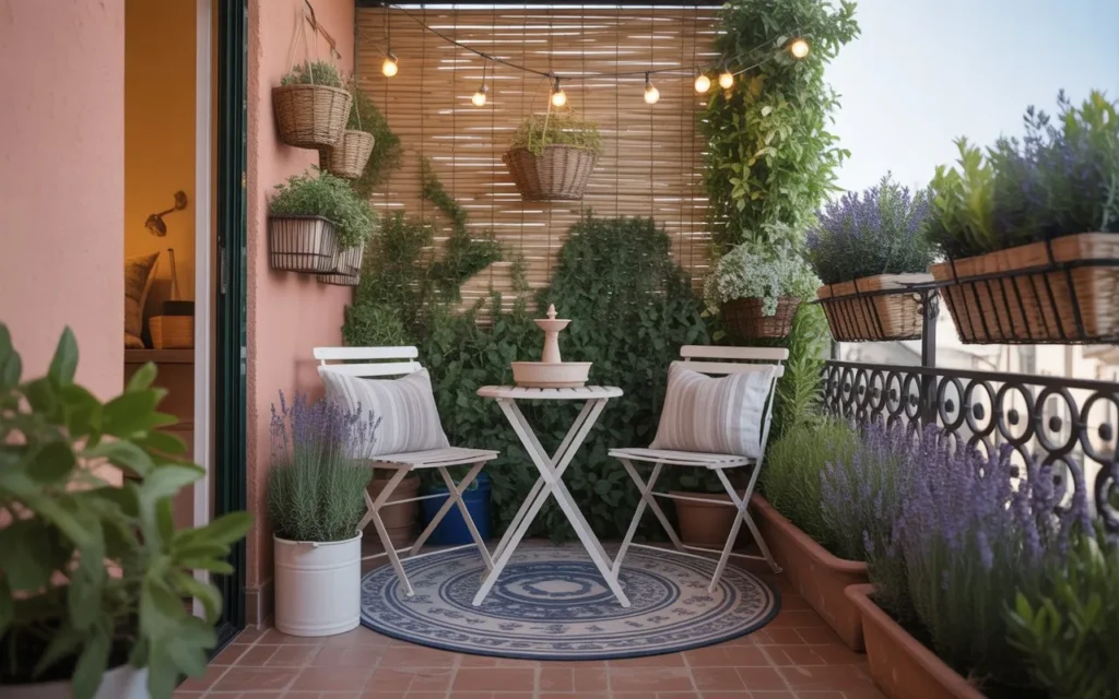 Cozy small balcony styled with pots, herbs, and lights, perfect for Mediterranean Garden Ideas in a compact space.