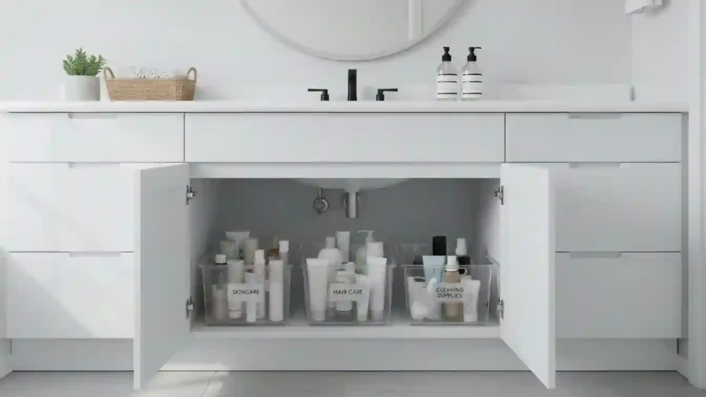 spring decluttering in small modern bathroom