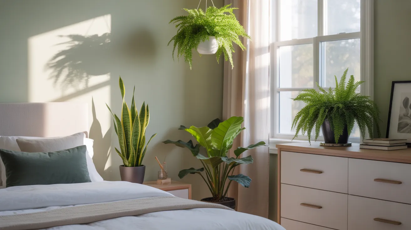 Bedroom plants that improve air health and wellness including snake plant and Boston fern