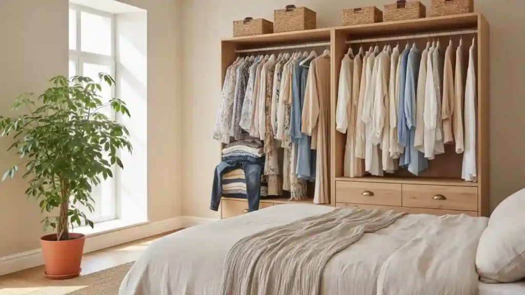 spring decluttering capsule wardrobe in calm bedroom