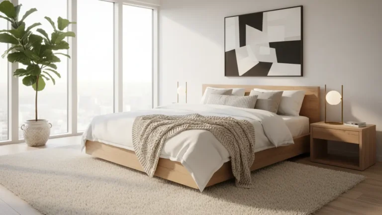 Best Scandinavian Bedroom Design Ideas featuring a luxury Nordic bedroom with oak platform bed, layered linen bedding, and floor-to-ceiling windows