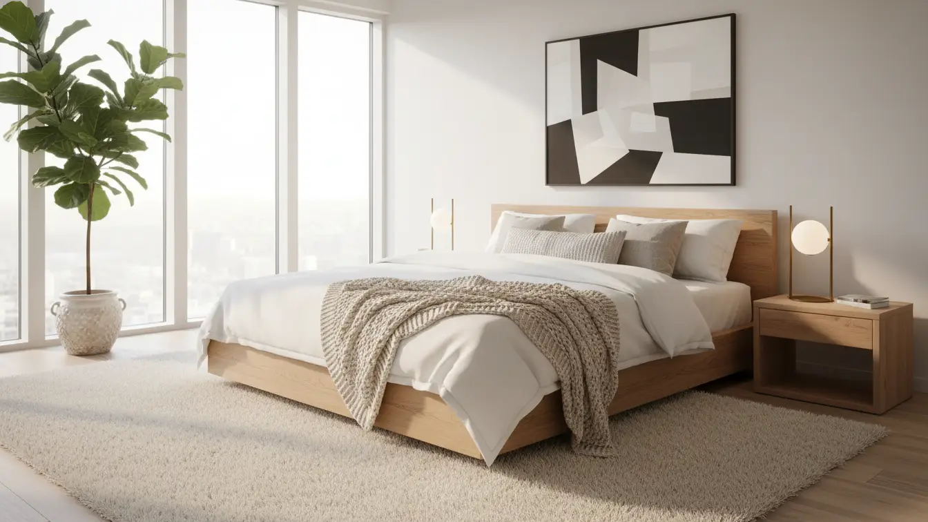 Best Scandinavian Bedroom Design Ideas featuring a luxury Nordic bedroom with oak platform bed, layered linen bedding, and floor-to-ceiling windows
