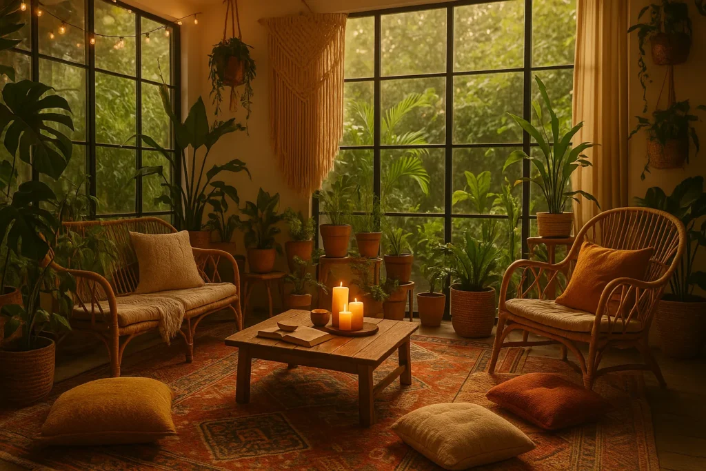 Boho sunroom with layered rugs, rattan chairs, plants and string lights, perfect for gorgeous sunroom ideas with a relaxed, free-spirited vibe.