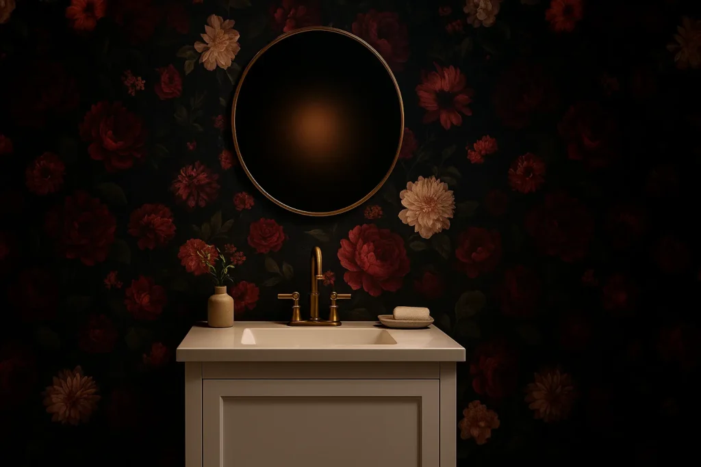 Luxurious bathroom with dark bold floral wallpaper, white vanity and brass fixtures, showing dramatic bathroom wallpaper ideas with large blooms.