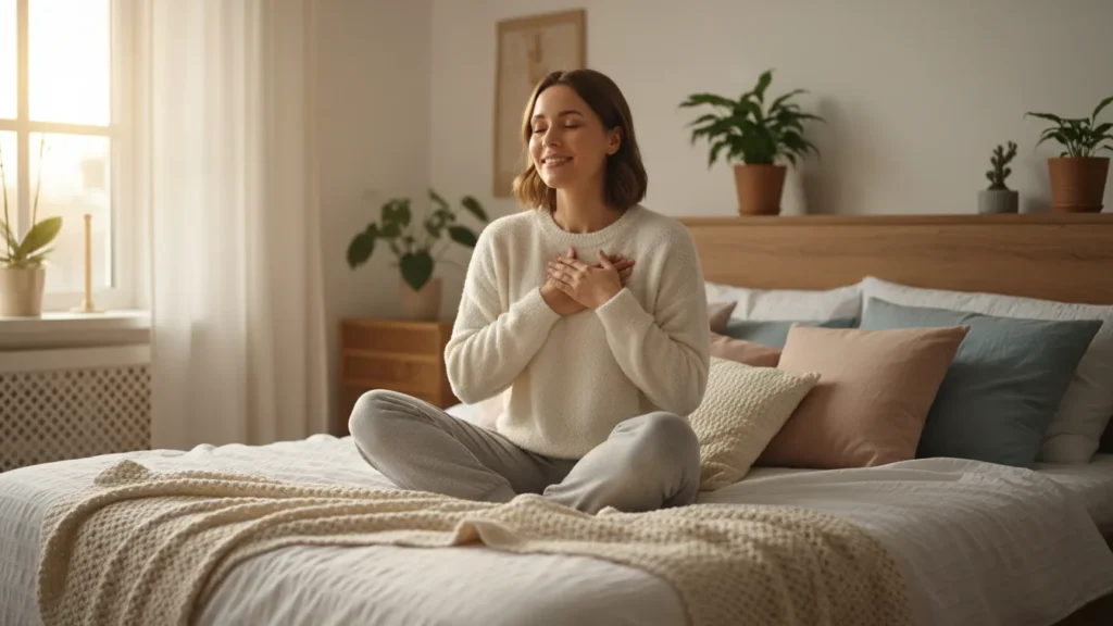 Woman in loungewear sitting on bed with hand over heart, gentle self-kindness and body respect visual for YourselfLoveHub.com