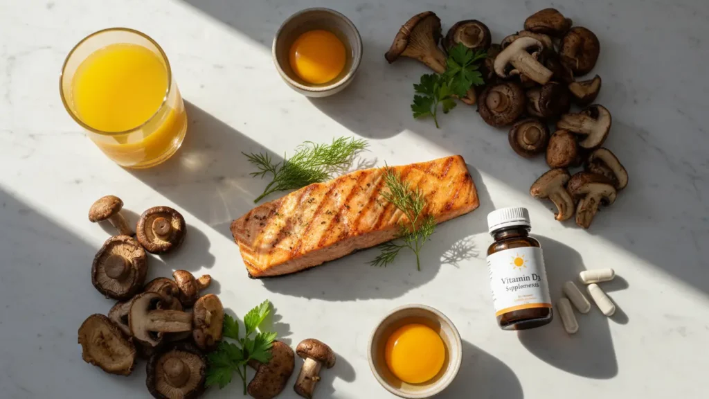Vitamin D foods flat lay highlighting ways to beat the winter blues with salmon, eggs, mushrooms, and supplements.