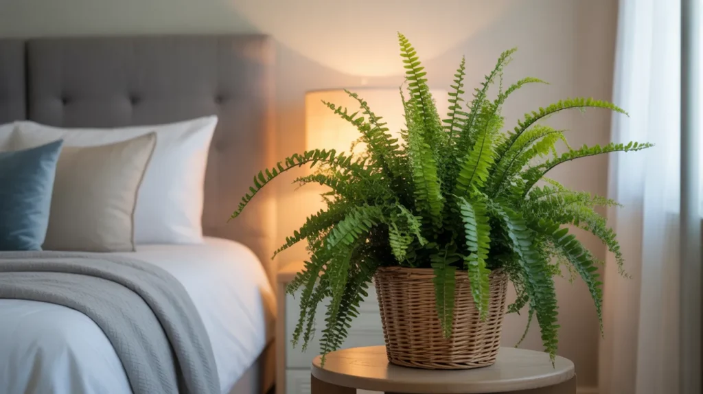 Boston fern in bedroom naturally humidifying air and purifying toxins
