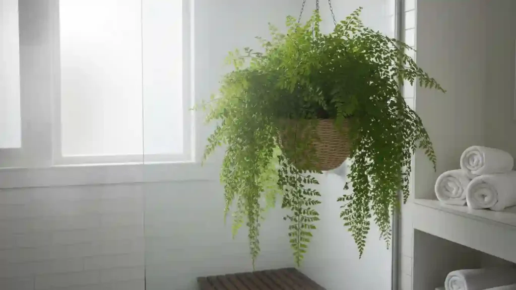 boston fern hanging near the shower packed with feathery fronds soaking up bathroom steam as classic shower plants