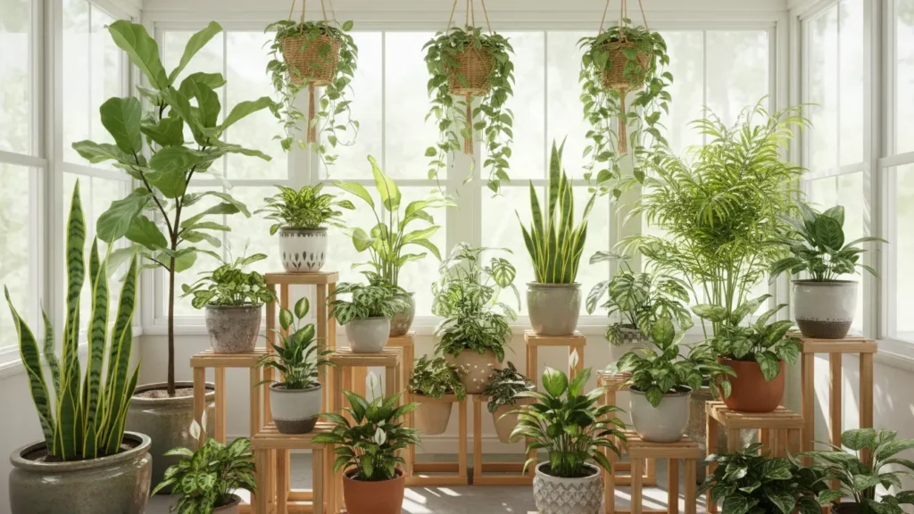 “Plant-filled bright sunroom packed with potted greenery on wooden stands, bringing nature indoors in a serene style for yourselflovehub.com.”