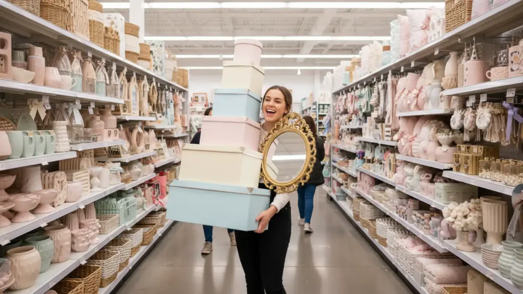 Yourself Love Hub budget friendly coquette decor shopping with pastel boxes and gold mirror
