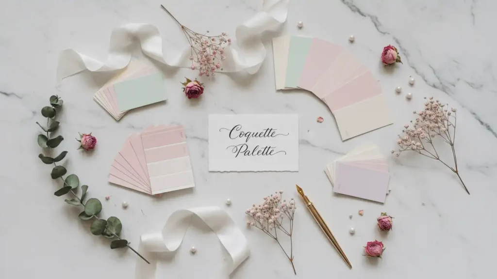 Yourself Love Hub coquette color palette with pastel paint swatches and silk ribbon