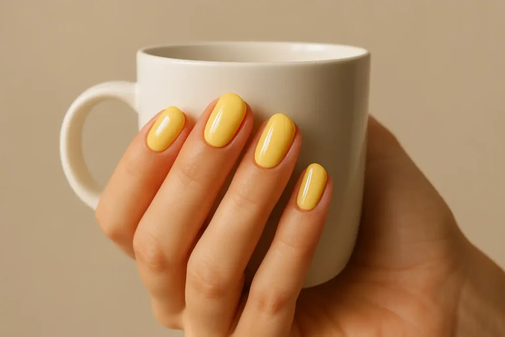 Short oval nails painted in glossy butter yellow holding a white coffee mug.