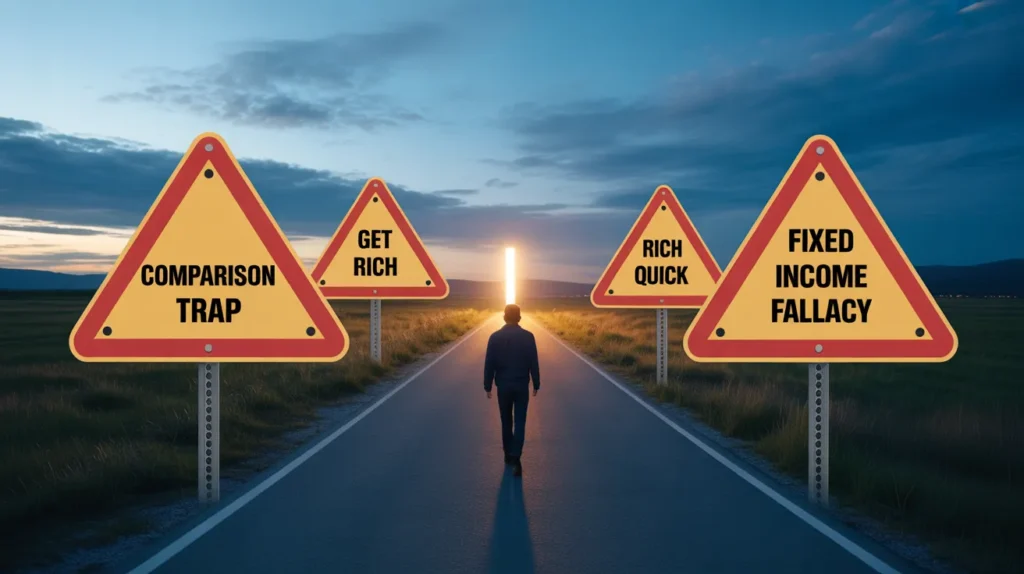 A person walks down a road lined with warning signs like “comparison trap” and “get rich quick,” symbolizing common pitfalls to avoid when building a Money Mindset to Attract More Money Fast: Transform Your Financial Future Today.