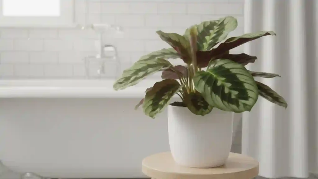 calathea with patterned leaves sitting on a small stool by the tub showing how statement foliage elevates yourselflovehub.com bathroom styling