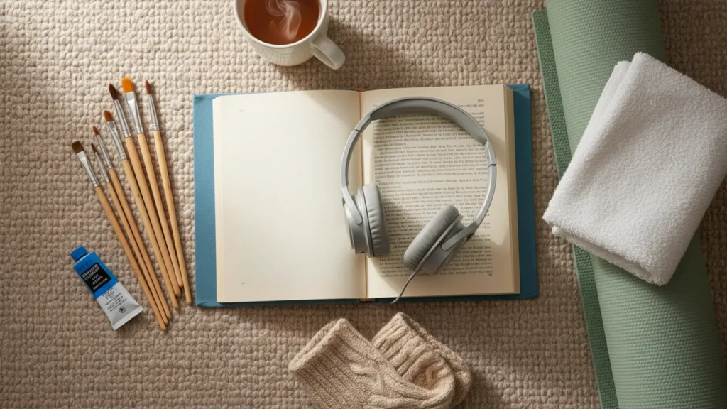 how to make a self care routine stick cozy flat lay with book headphones paintbrushes and yoga mat showing fun self care ideas