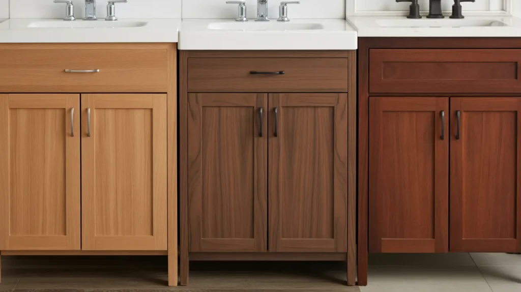Three bathroom vanities in light oak, medium walnut and dark cherry finishes side by side, close up of wood grain on shaker style cabinet fronts