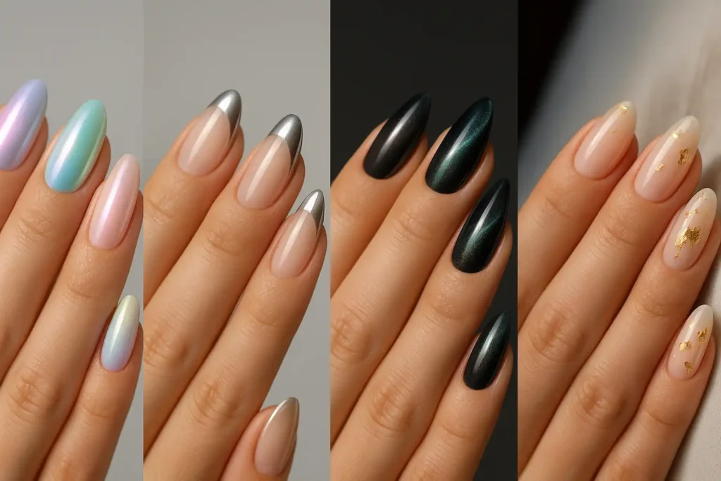 Collage of four chrome manicures showing pastel chrome nails, nude nails with silver chrome French tips, dark aurora cat-eye nails and nude nails with gold foil accents.