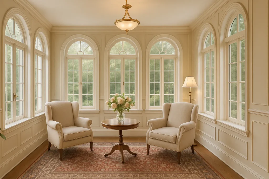 Elegant traditional sunroom with arched windows, upholstered armchairs, Persian rug and fresh flowers, offering timeless gorgeous sunroom ideas.