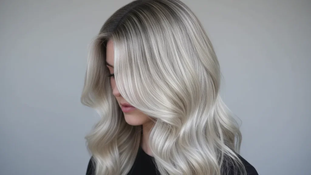 YourselfLoveHub: classic icy blonde balayage with shadow root and glossy finish