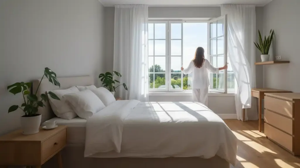 Person opening a large window in a clean bright bedroom letting in fresh air and light to help remove negative energy from your life for good